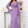Purple Sequin Maxi Long Sleeve V Neck Bodycon Dress