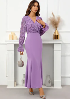 Purple Sequin Maxi Long Sleeve V Neck Bodycon Dress -Elegance Swimwear Store 337535 P 16954679829124