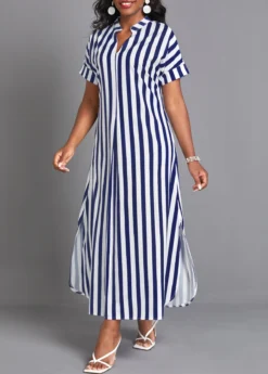 Navy Split Striped Maxi Shift Dress -Elegance Swimwear Store 337602 P 16889876310402