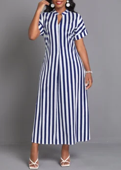 Navy Split Striped Maxi Shift Dress