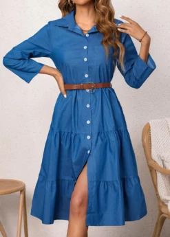 Shirt Collar Denim Blue Button Belted Dress -Elegance Swimwear Store 337674 P 16895899880592