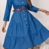 Shirt Collar Denim Blue Button Belted Dress