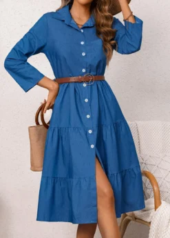 Shirt Collar Denim Blue Button Belted Dress -Elegance Swimwear Store 337674 P 16895899886424