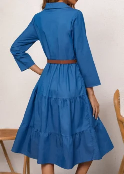 Shirt Collar Denim Blue Button Belted Dress -Elegance Swimwear Store 337674 P 16895899888001