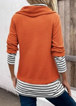 Plus Size Orange Patchwork Striped Long Sleeve Sweatshirt -Elegance Swimwear Store 337781 P 16932003971411