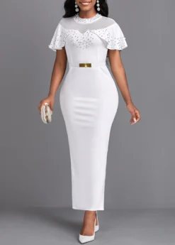 White Pearl Belted Short Sleeve Maxi Bodycon Dress -Elegance Swimwear Store 337865 P 16950047482103