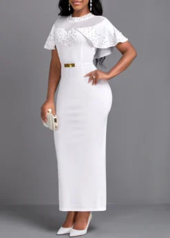White Pearl Belted Short Sleeve Maxi Bodycon Dress -Elegance Swimwear Store 337865 P 16950047482822