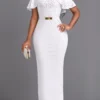 White Pearl Belted Short Sleeve Maxi Bodycon Dress