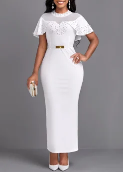 White Pearl Belted Short Sleeve Maxi Bodycon Dress