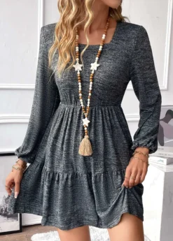 Dark Grey Ruched Short Long Sleeve Dress -Elegance Swimwear Store 338009 P 16909727932473