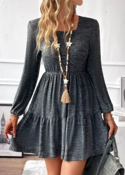 Dark Grey Ruched Short Long Sleeve Dress -Elegance Swimwear Store 338009 P 16909727935414