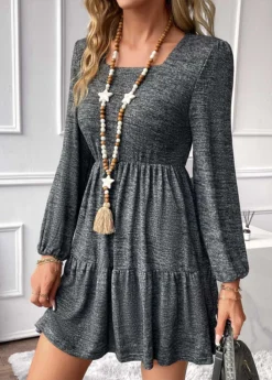 Dark Grey Ruched Short Long Sleeve Dress -Elegance Swimwear Store 338009 P 16909727939172