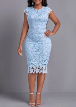 Light Blue Lace Short Sleeve Bodycon Dress