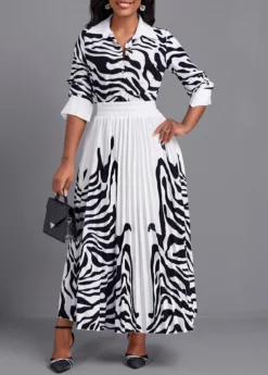 White Pleated Zebra Stripe Print Maxi Top And Skirt