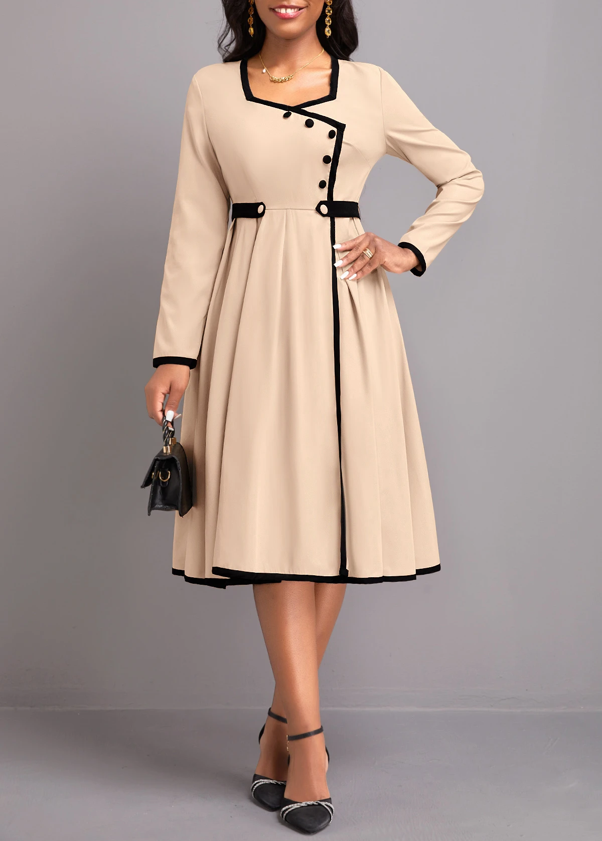 Light Camel Contrast Binding Long Sleeve Dress 1 Light Camel Contrast Binding Long Sleeve Dress