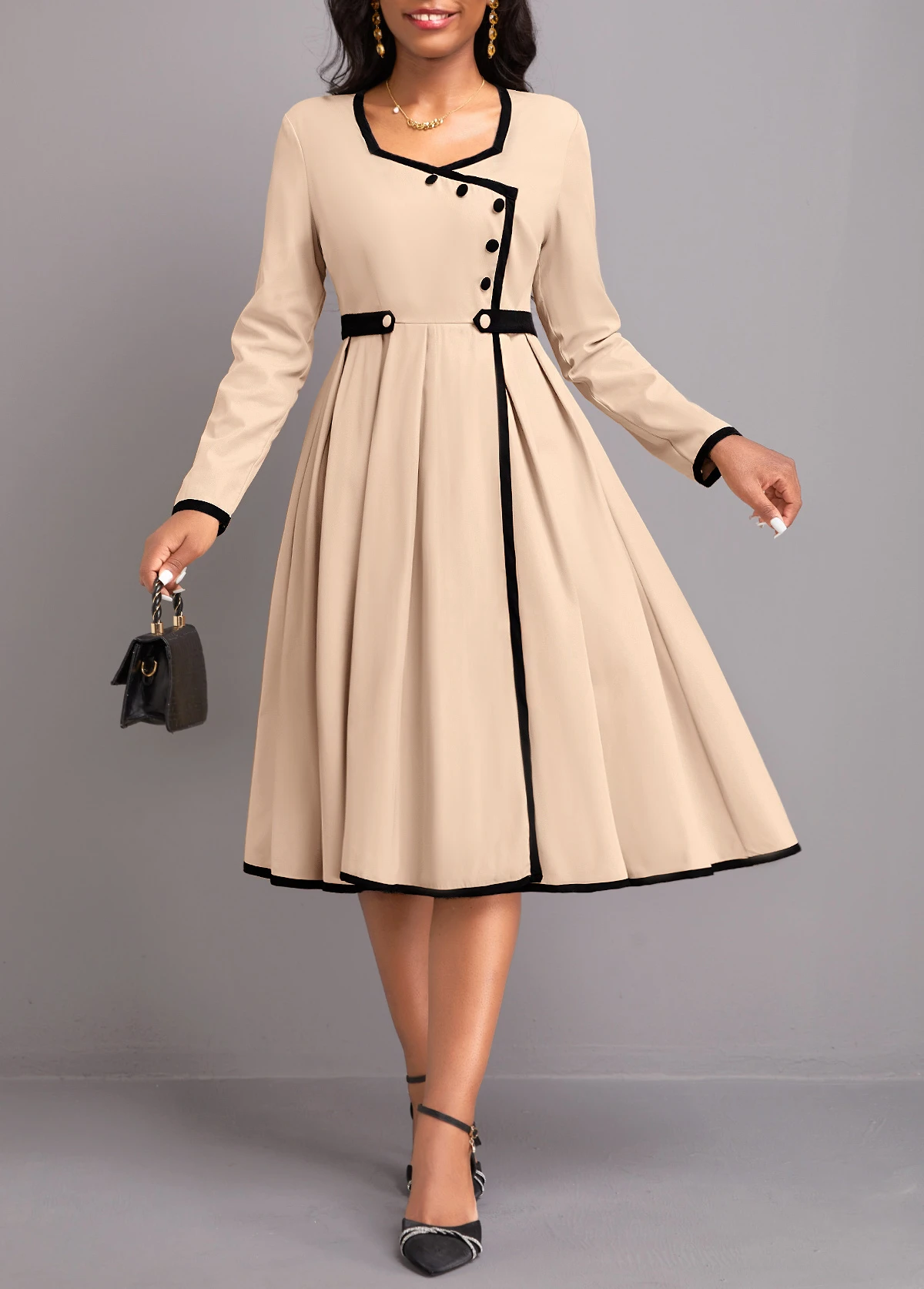 Light Camel Contrast Binding Long Sleeve Dress 2 Light Camel Contrast Binding Long Sleeve Dress - Image 2