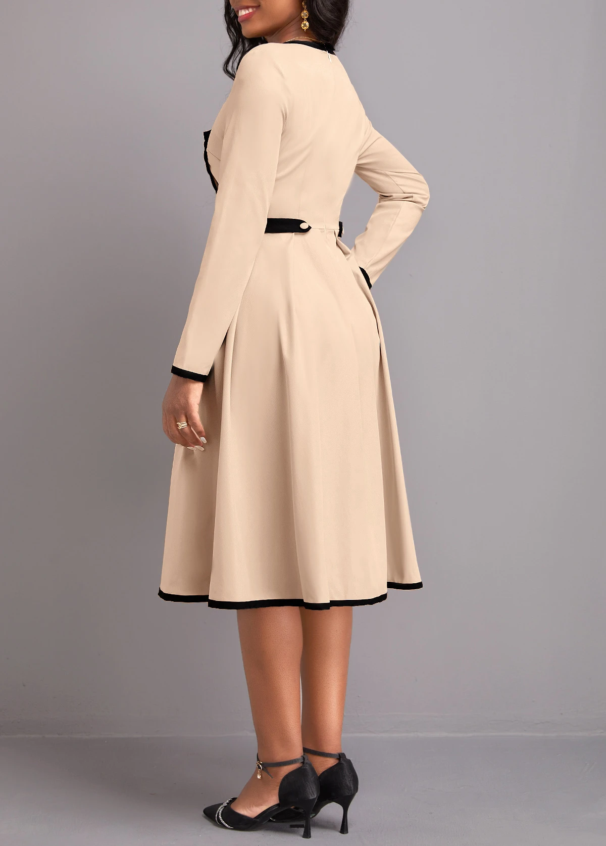 Light Camel Contrast Binding Long Sleeve Dress 5 Light Camel Contrast Binding Long Sleeve Dress - Image 5