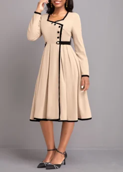 Light Camel Contrast Binding Long Sleeve Dress 8 Light Camel Contrast Binding Long Sleeve Dress -Elegance Swimwear Store 338396 P 16927905186583