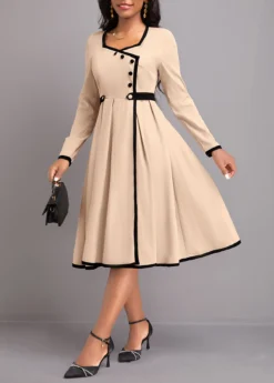 Light Camel Contrast Binding Long Sleeve Dress 7 Light Camel Contrast Binding Long Sleeve Dress -Elegance Swimwear Store 338396 P 16927905189112