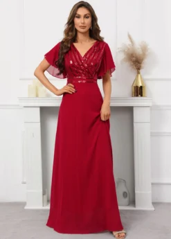 Red Sequin Short Sleeve V Neck Dress -Elegance Swimwear Store 338499 P 16976293171652