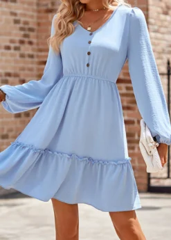 Light Blue Ruched Long Sleeve Dress -Elegance Swimwear Store 338531 P 1689751889513