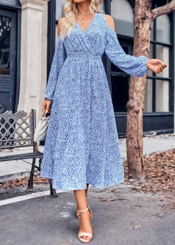 Blue Cut Out Ditsy Floral Print Dress