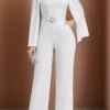 White Beaded Long Belted Round Neck Jumpsuit