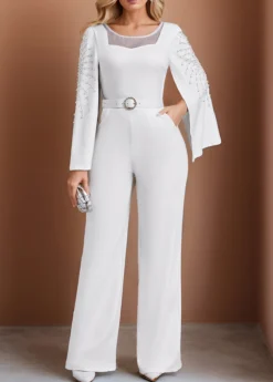 White Beaded Long Belted Round Neck Jumpsuit