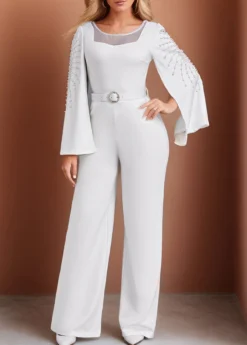 White Beaded Long Belted Round Neck Jumpsuit -Elegance Swimwear Store 338551 P 1691630930260