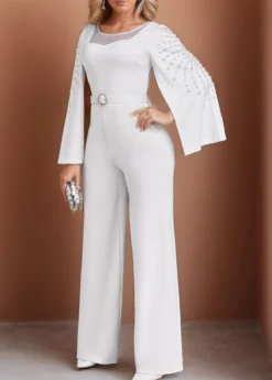 White Beaded Long Belted Round Neck Jumpsuit -Elegance Swimwear Store 338551 P 1691630931565