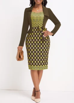Olive Green Patchwork Argyle Print Bodycon Long Sleeve Dress