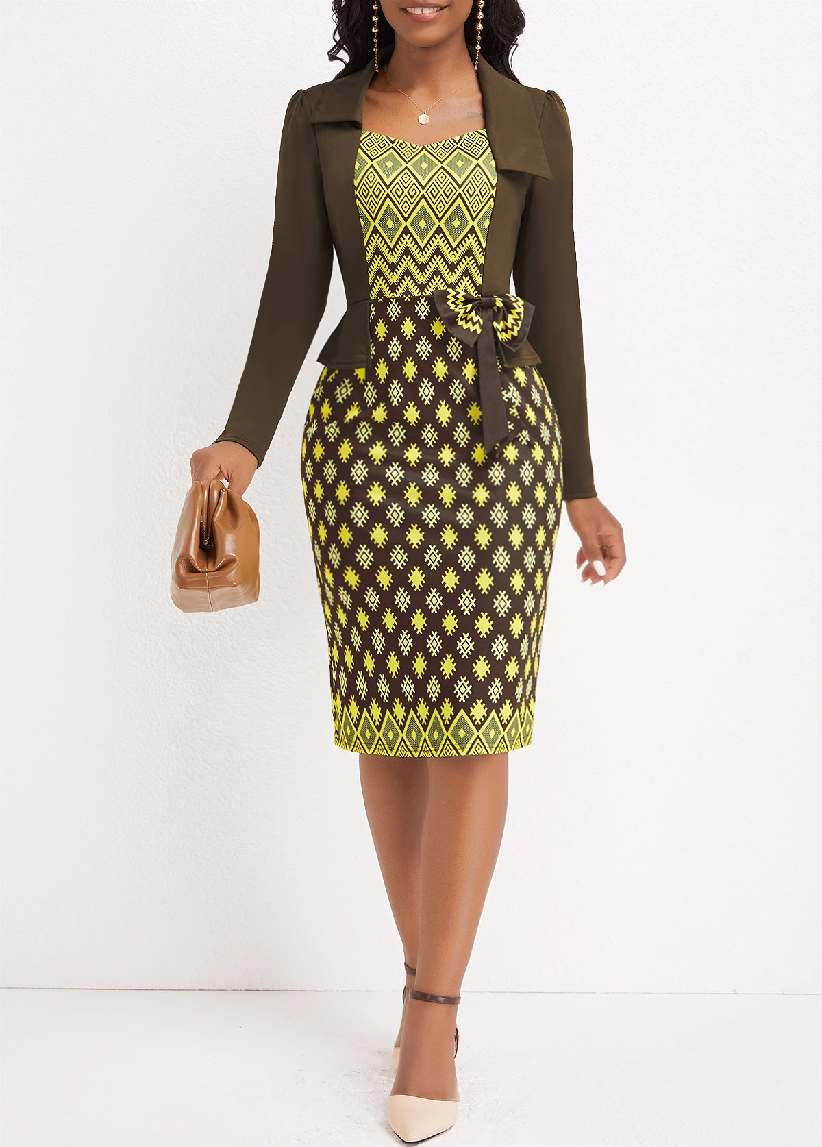 Olive Green Patchwork Argyle Print Bodycon Long Sleeve Dress 5 Olive Green Patchwork Argyle Print Bodycon Long Sleeve Dress - Image 5