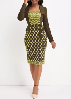 Olive Green Patchwork Argyle Print Bodycon Long Sleeve Dress 8 Olive Green Patchwork Argyle Print Bodycon Long Sleeve Dress -Elegance Swimwear Store 338620 P 16926997268270