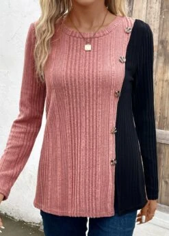 Plus Size Black Patchwork Long Sleeve T Shirt -Elegance Swimwear Store 338677 P 16929598225504