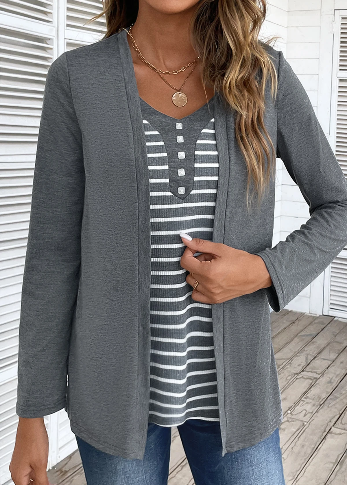 Plus Size Dark Grey Marl Fake 2in1 T Shirt 6 Plus Size Dark Grey Marl Fake 2in1 T Shirt - Image 6