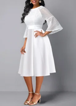 White Mesh Three Quarter Length Sleeve Dress -Elegance Swimwear Store 338901 P 1689910199790