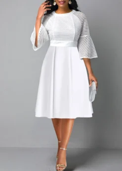 White Mesh Three Quarter Length Sleeve Dress -Elegance Swimwear Store 338901 P 1689910200261