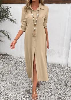 Light Camel Split Pocket Maxi Shift Dress -Elegance Swimwear Store 338913 P 16917494260902