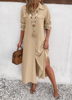 Light Camel Split Pocket Maxi Shift Dress -Elegance Swimwear Store 338913 P 16917494275624