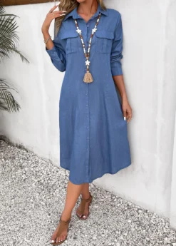 Dusty Blue Pocket Long Sleeve Shift Dress -Elegance Swimwear Store 338962 P 16917505915223