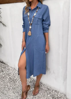 Dusty Blue Pocket Long Sleeve Shift Dress -Elegance Swimwear Store 338962 P 16917505919472