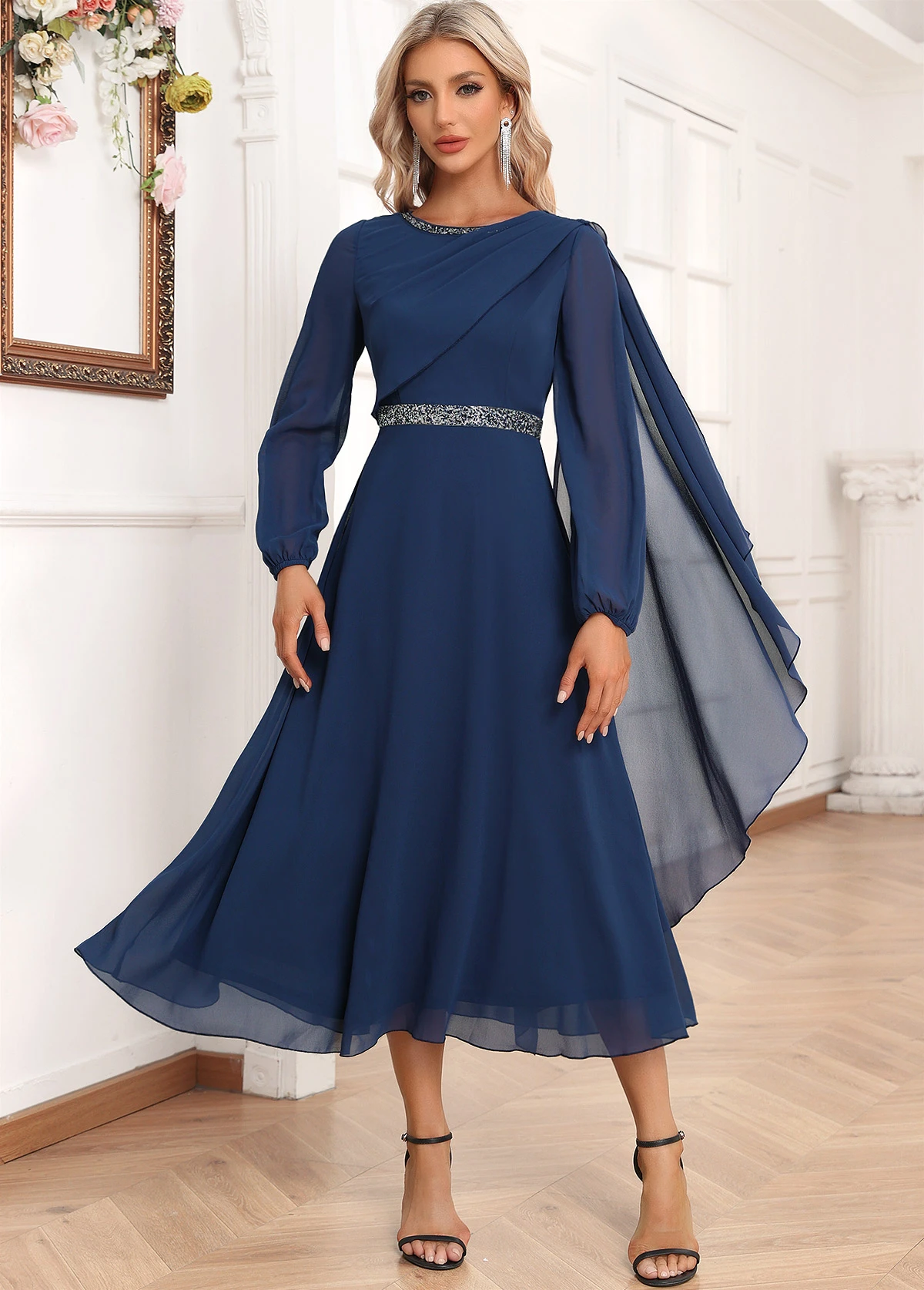 Navy Asymmetry Long Sleeve Boat Neck Dress 1 Navy Asymmetry Long Sleeve Boat Neck Dress
