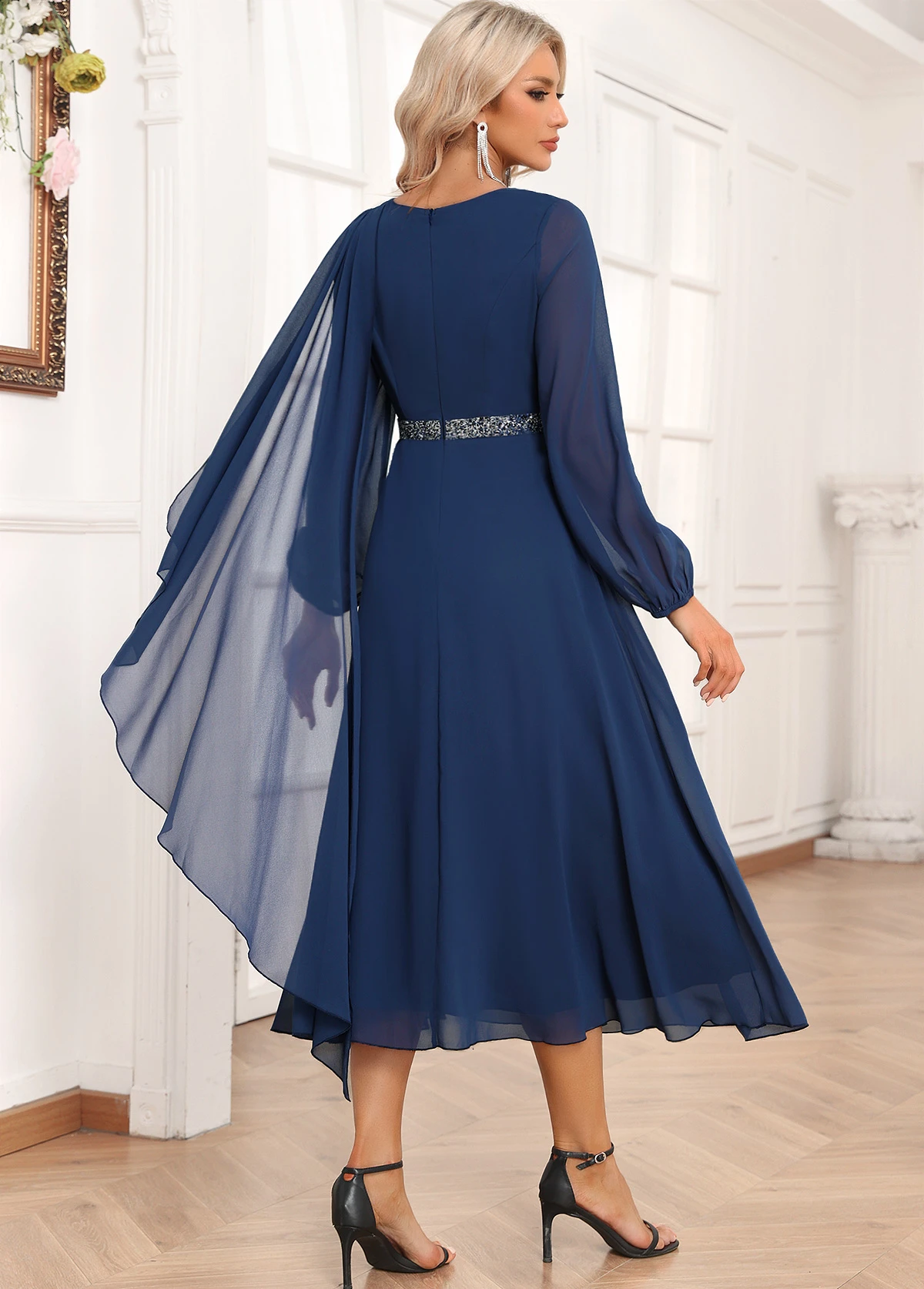 Navy Asymmetry Long Sleeve Boat Neck Dress 2 Navy Asymmetry Long Sleeve Boat Neck Dress - Image 2
