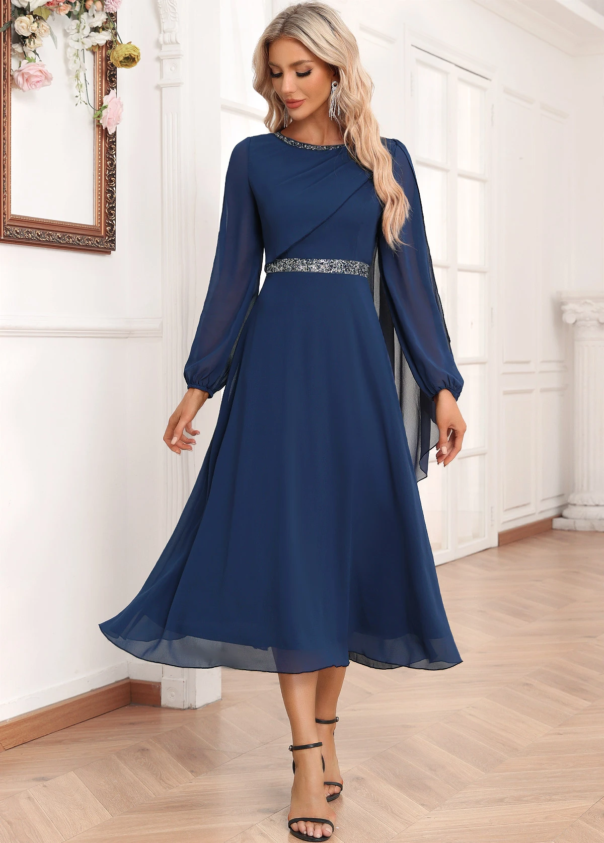 Navy Asymmetry Long Sleeve Boat Neck Dress 4 Navy Asymmetry Long Sleeve Boat Neck Dress - Image 4