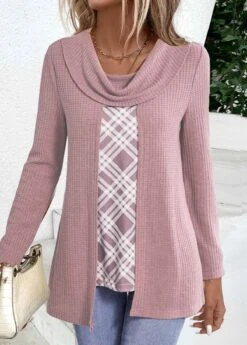 Plus Size Pink Fake 2in1 Plaid T Shirt 11 Plus Size Pink Fake 2in1 Plaid T Shirt -Elegance Swimwear Store 339131 P 1695026538021