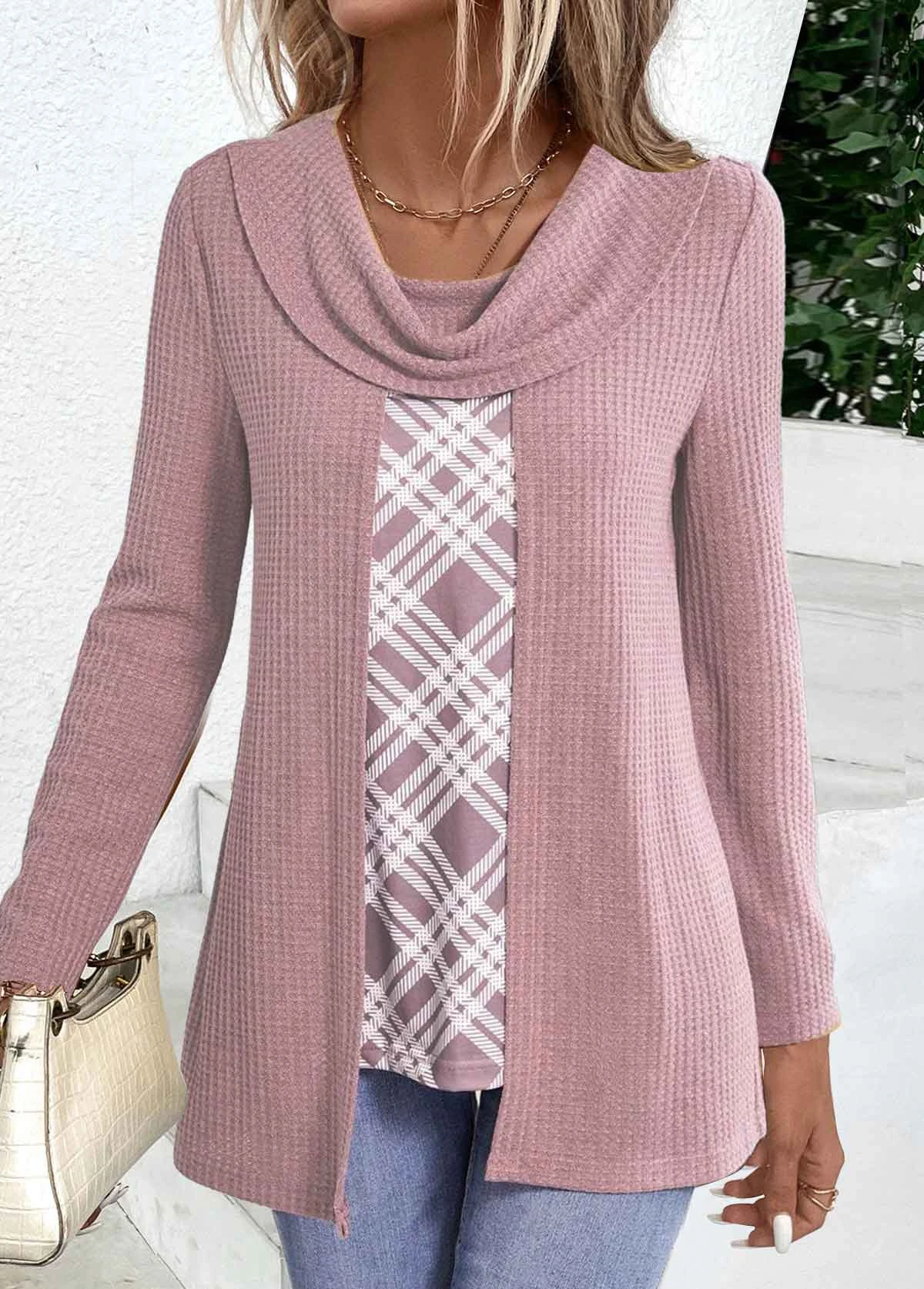 Plus Size Pink Fake 2in1 Plaid T Shirt 4 Plus Size Pink Fake 2in1 Plaid T Shirt - Image 4