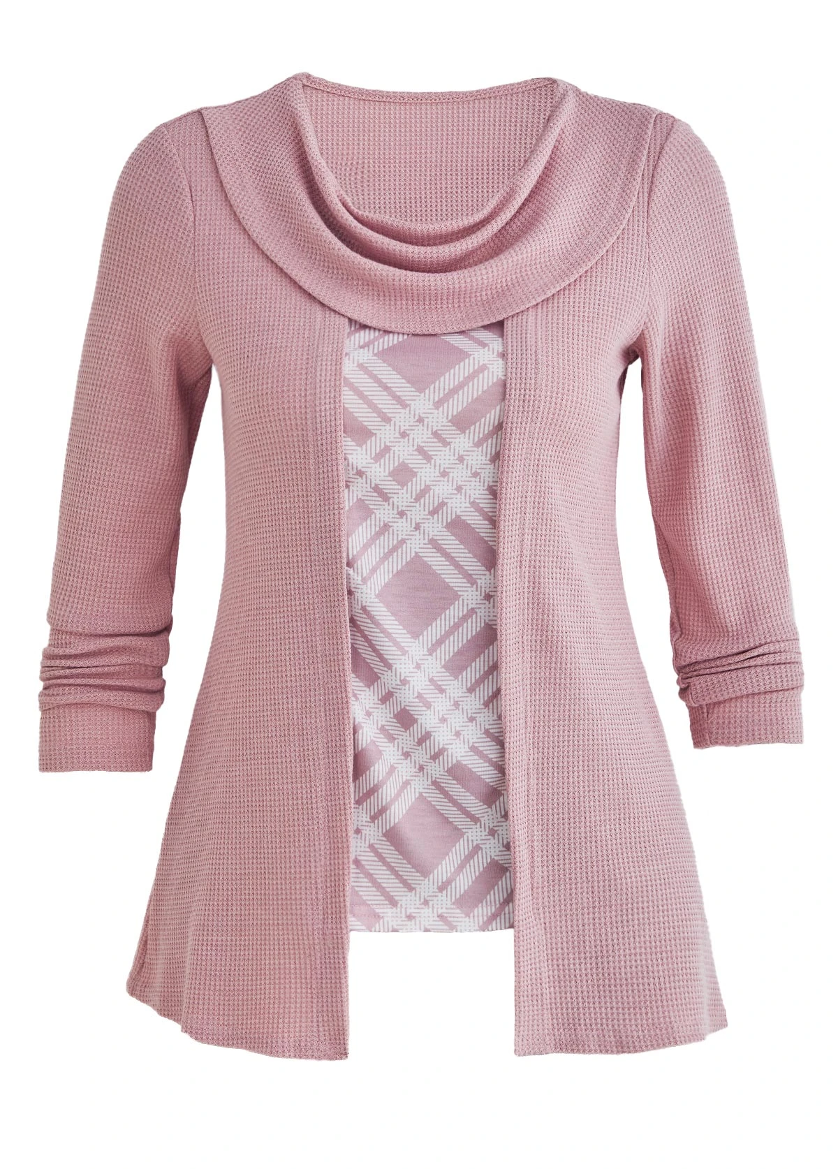 Plus Size Pink Fake 2in1 Plaid T Shirt 7 Plus Size Pink Fake 2in1 Plaid T Shirt - Image 7
