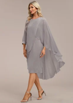 Grey Asymmetry Long Sleeve Zipper Back Dress -Elegance Swimwear Store 339149 P 16933610350465