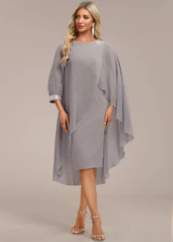 Grey Asymmetry Long Sleeve Zipper Back Dress -Elegance Swimwear Store 339149 P 16933610353294