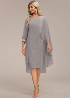 Grey Asymmetry Long Sleeve Zipper Back Dress